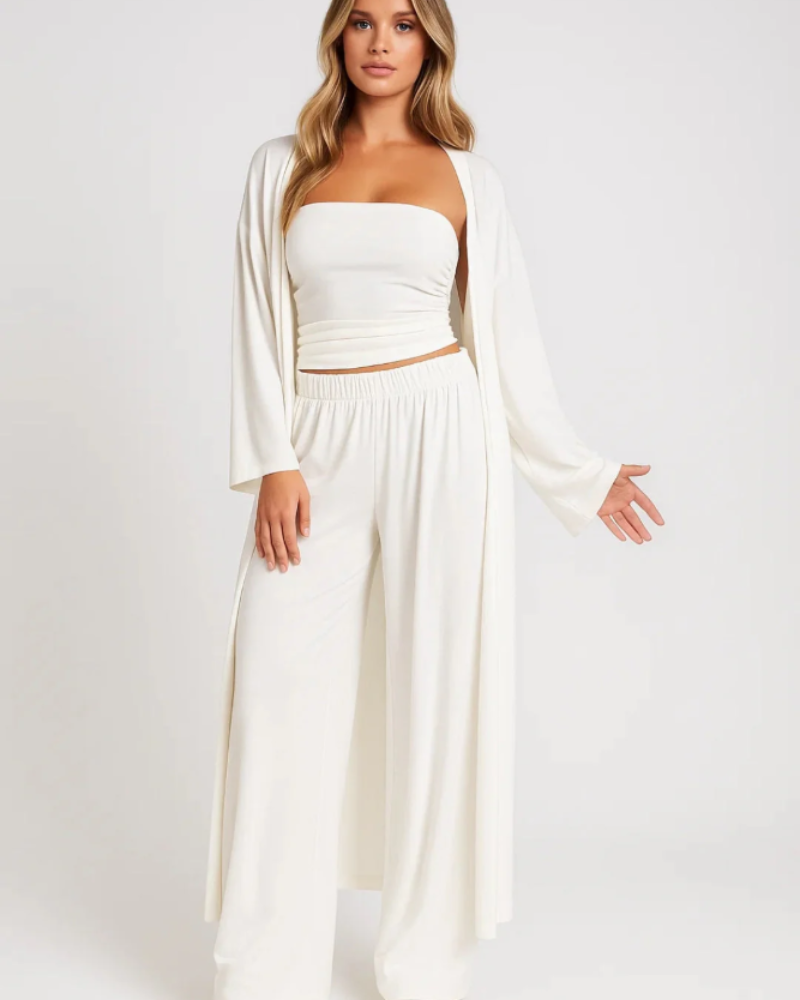 Delaney Conjunto 3 Piezas Mujer – Top Bandeau, Pantalón Ancho y Cárdigan