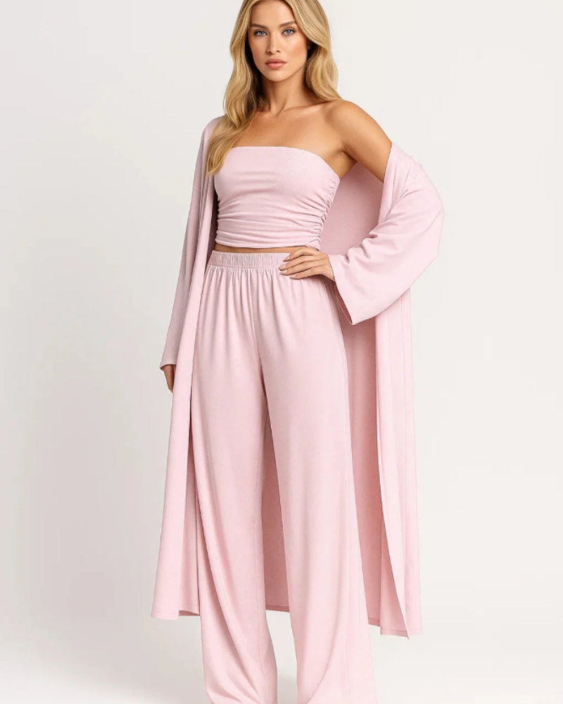 Delaney Conjunto 3 Piezas Mujer – Top Bandeau, Pantalón Ancho y Cárdigan