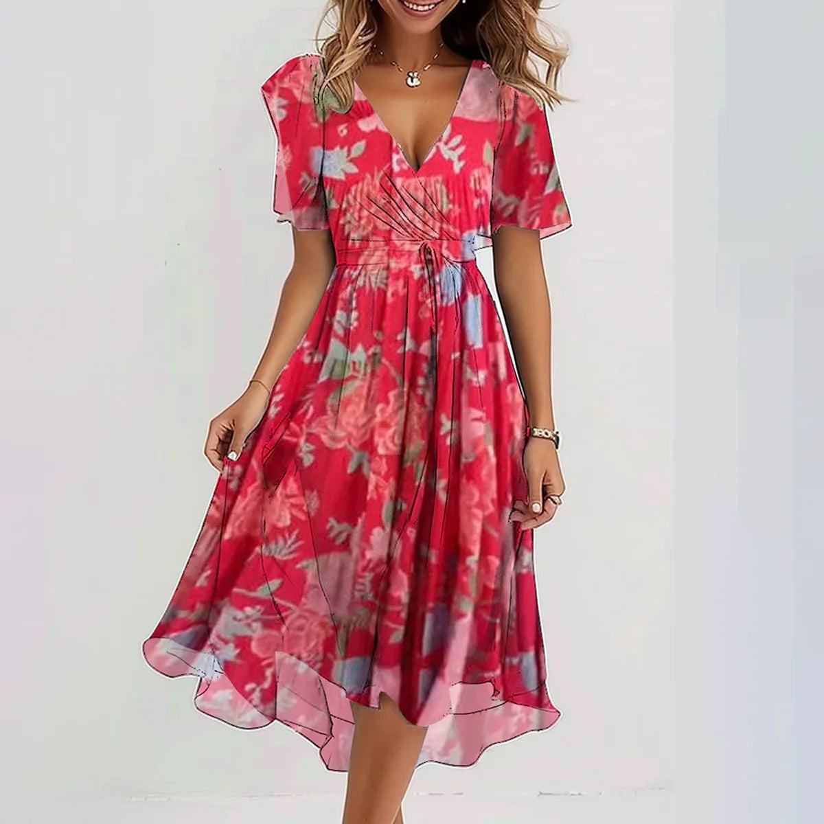 Eméline Vestido Midi Floral para Mujer – Vestido Elegante de Chifón Verano Chic