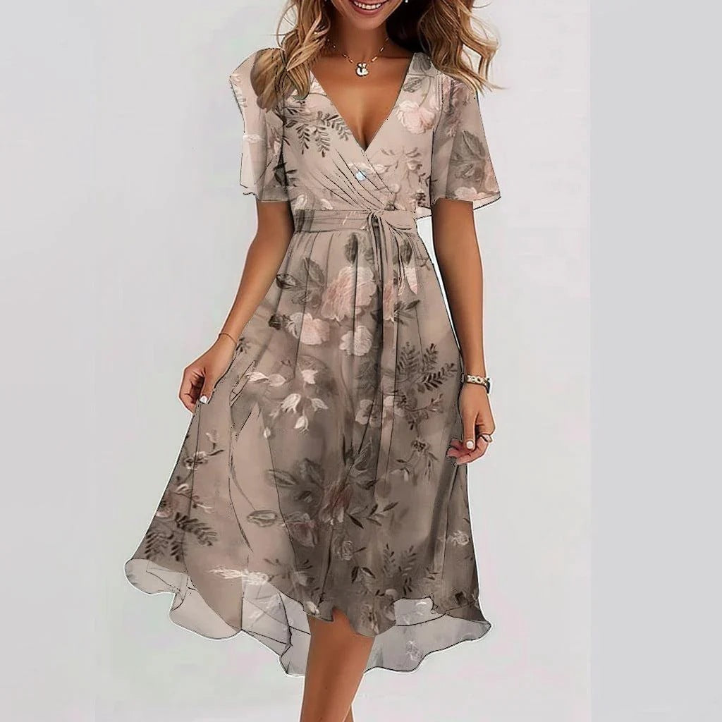 Eméline Vestido Midi Floral para Mujer – Vestido Elegante de Chifón Verano Chic