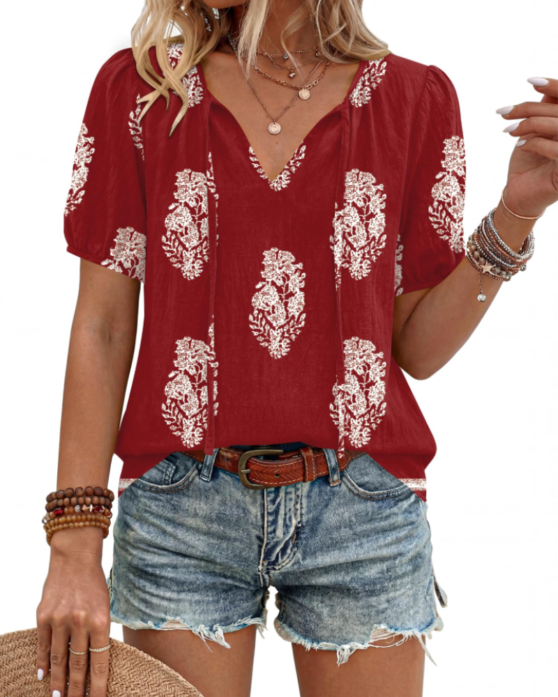 Isla Blusa Mujer – Estilo Boho, Escote en V, Lazo Frontal y Manga Abullonada