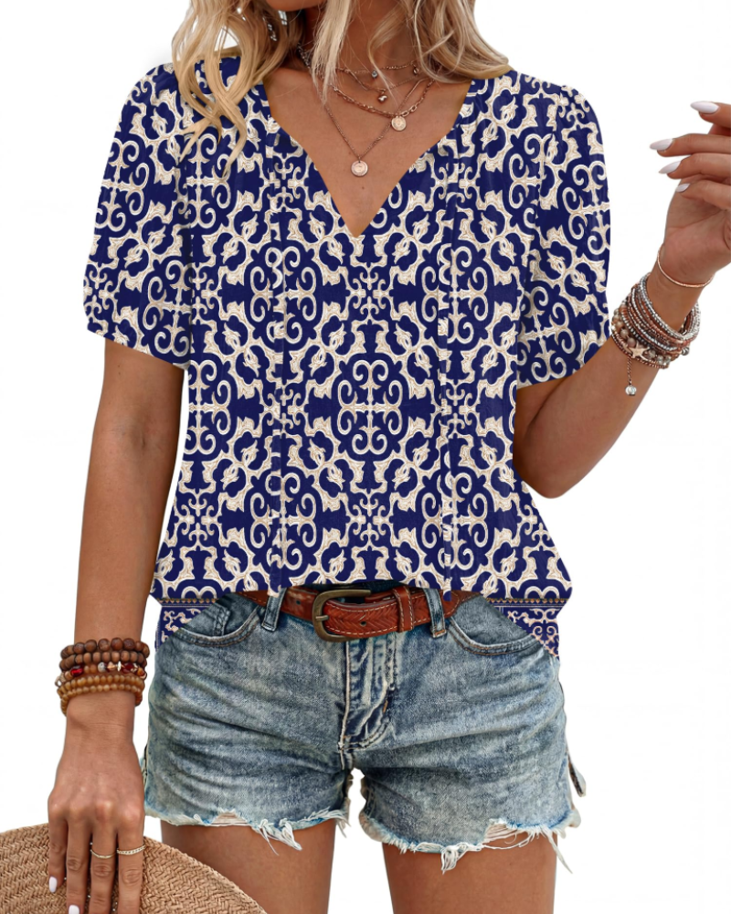 Isla Blusa Mujer – Estilo Boho, Escote en V, Lazo Frontal y Manga Abullonada