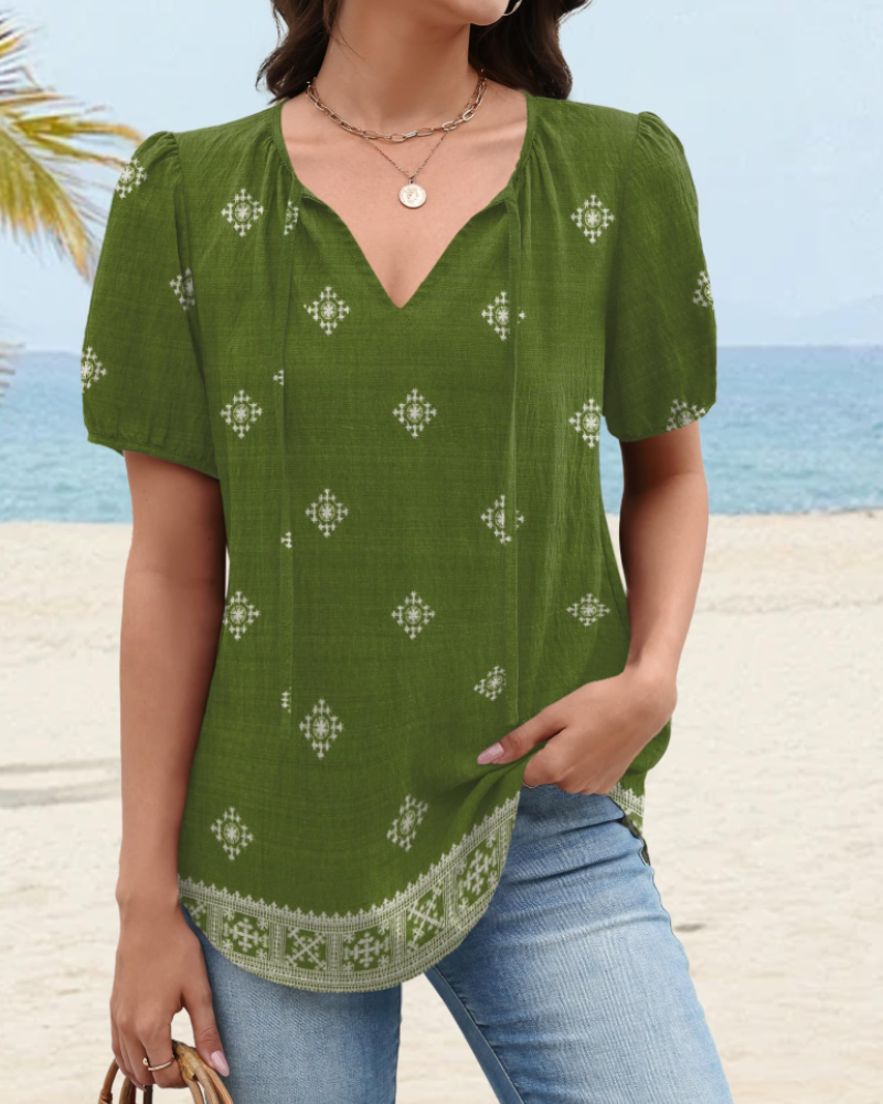 Isla Blusa Mujer – Estilo Boho, Escote en V, Lazo Frontal y Manga Abullonada