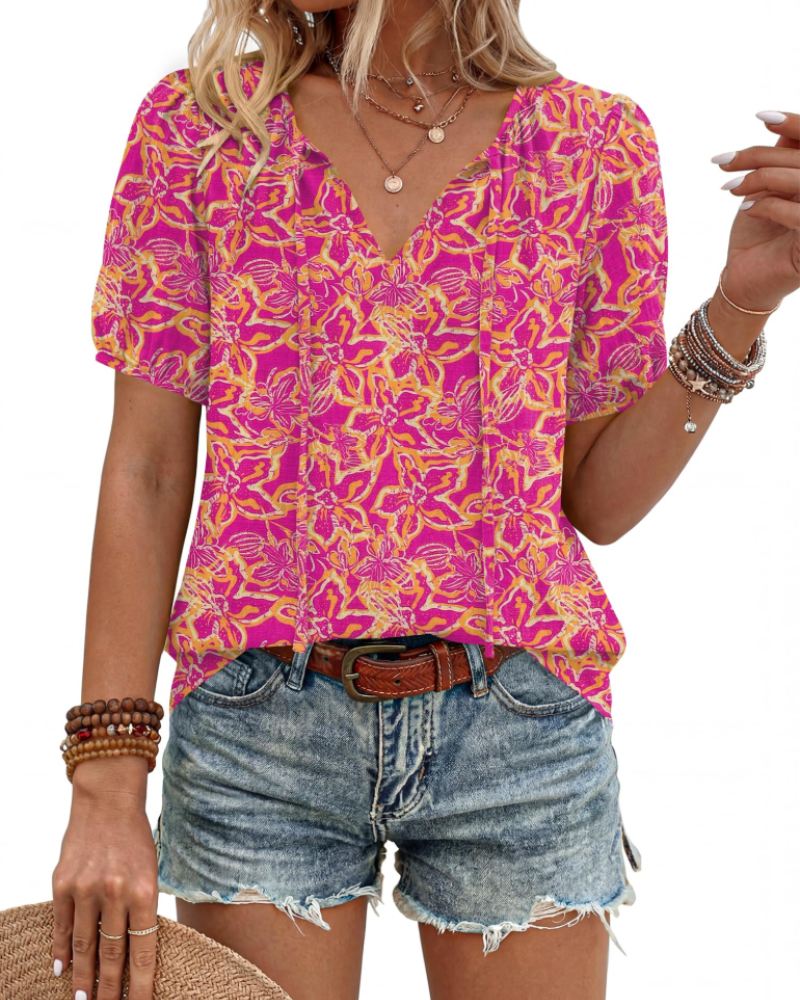 Isla Blusa Mujer – Estilo Boho, Escote en V, Lazo Frontal y Manga Abullonada
