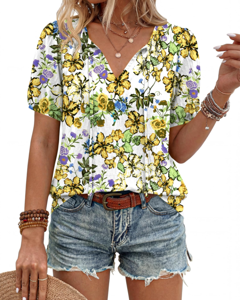 Isla Blusa Mujer – Estilo Boho, Escote en V, Lazo Frontal y Manga Abullonada