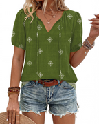 Isla Blusa Mujer – Estilo Boho, Escote en V, Lazo Frontal y Manga Abullonada