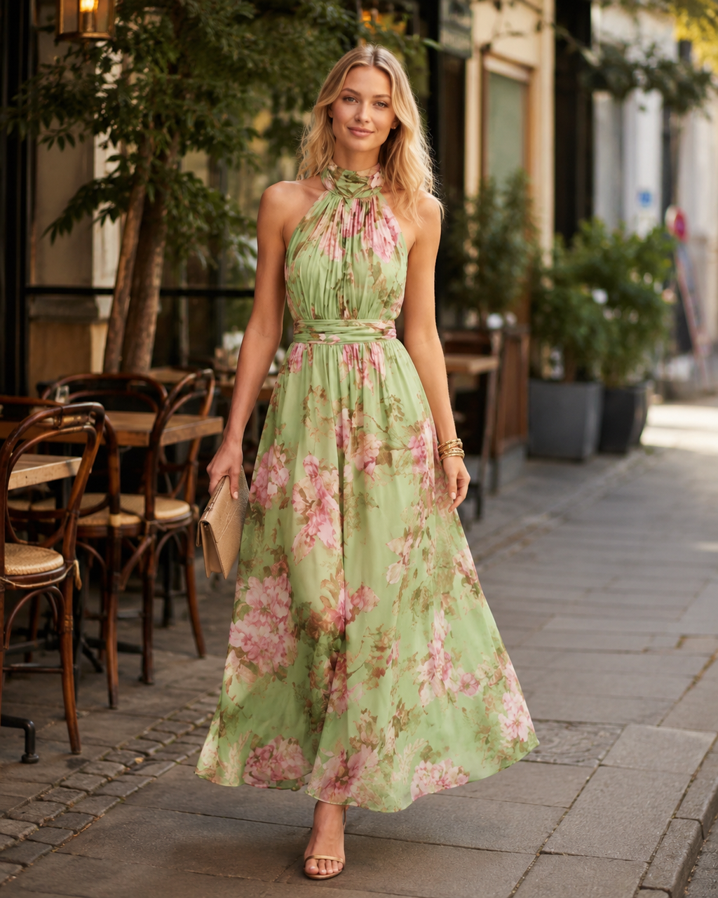 Sophie Women’s Floral Maxi Halter Dress – Halter Neckline, Defined Waist, and Flowing Fit