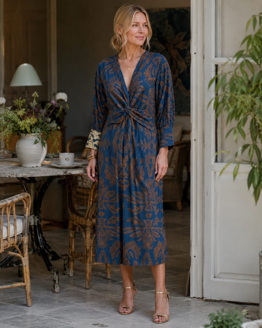 Vestito maxi da donna Whitney a linea A – stampa botanica, scollo a V e vita drappeggiata