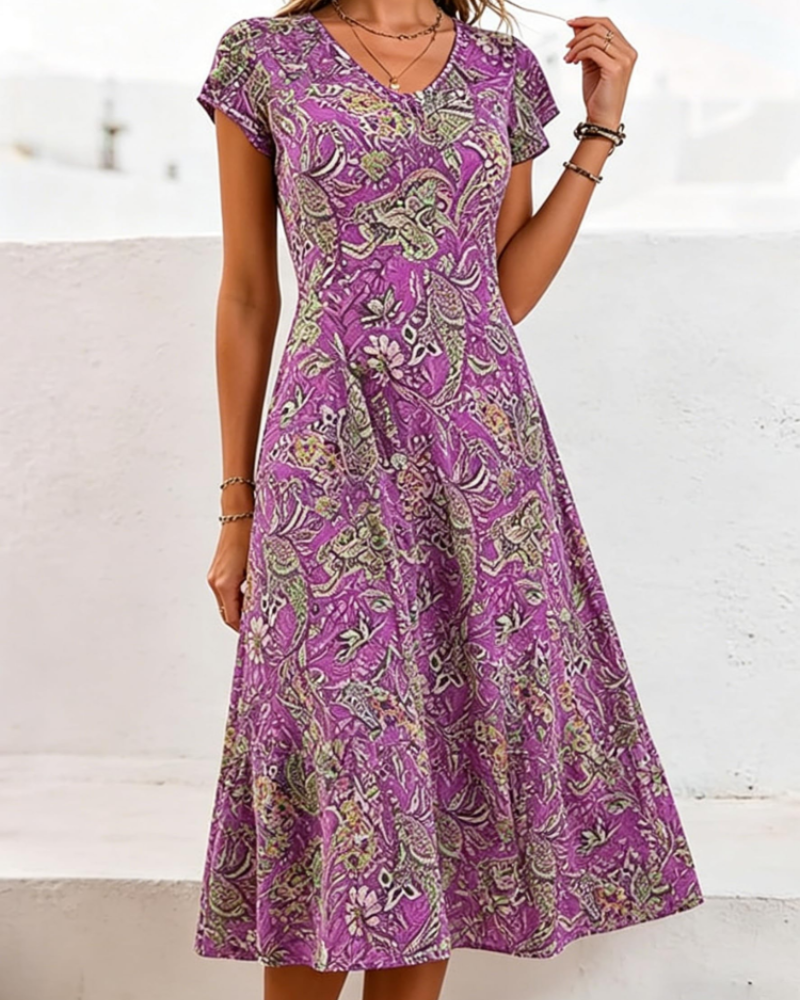 Sienna Vestido Midi Mujer – Floral, Escote en V, Manga Corta y Corte A