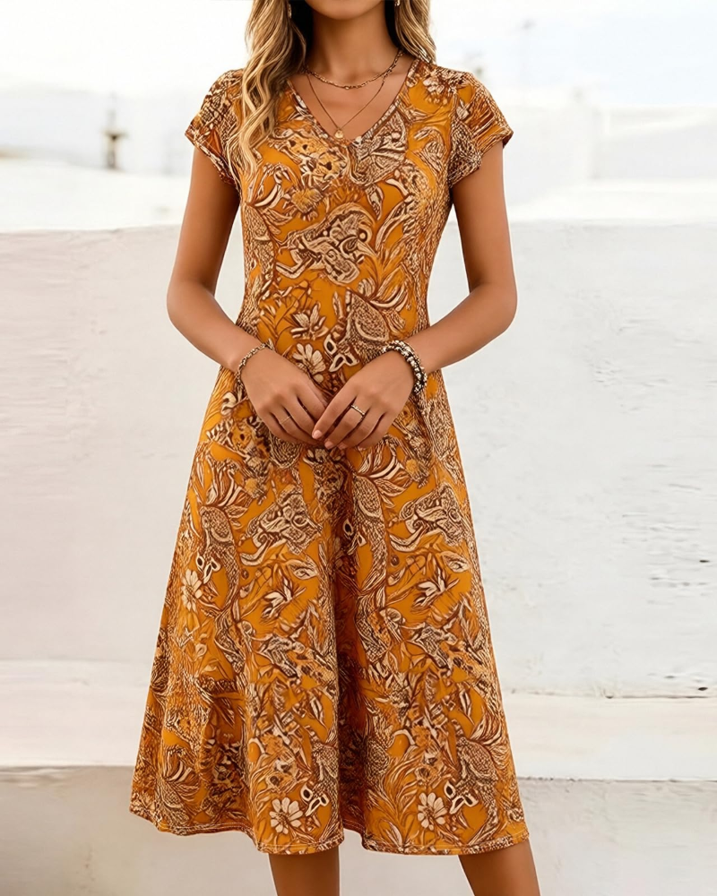 Sienna Vestido Midi Mujer – Floral, Escote en V, Manga Corta y Corte A