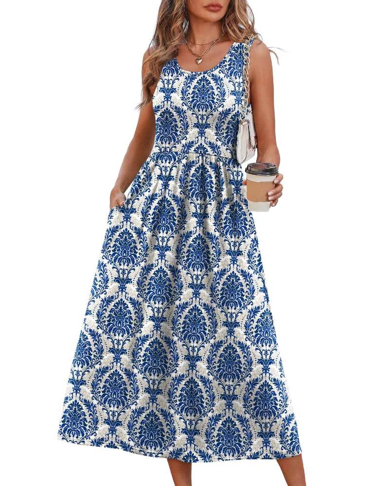 Sabrina Vestido Midi Mujer – Corte Fluido, Escote en U, Bolsillos y Tejido Elástico