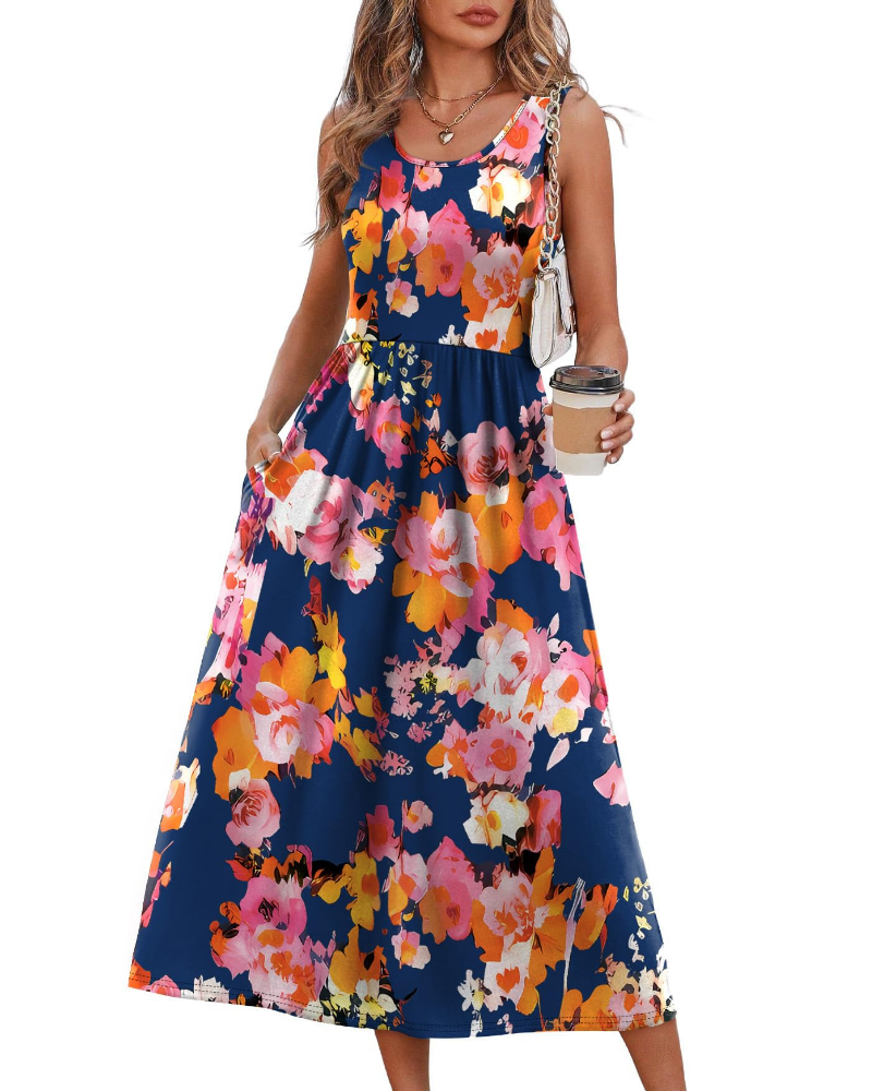 Sabrina Vestido Midi Mujer – Corte Fluido, Escote en U, Bolsillos y Tejido Elástico