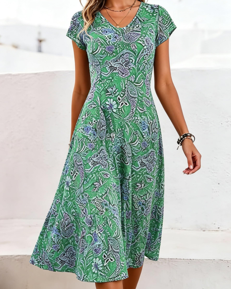 Sienna Vestido Midi Mujer – Floral, Escote en V, Manga Corta y Corte A