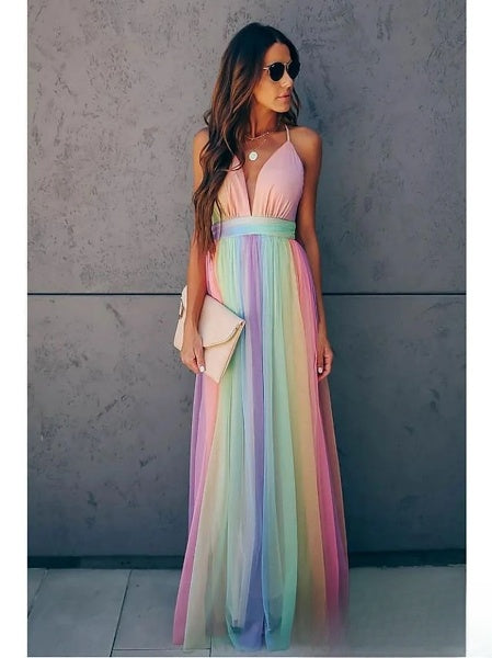 Isabelle vestito lungo arcobaleno da donna – vestito maxi elegante estate chic