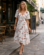 Florence Vestido Midi Floral Mujer – Cuello Cruzado, Cinturón y Mangas Abullonadas