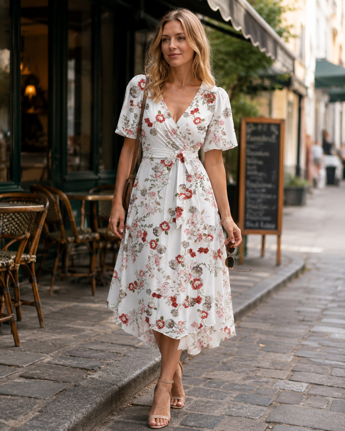 Florence Vestido Midi Floral Mujer – Cuello Cruzado, Cinturón y Mangas Abullonadas