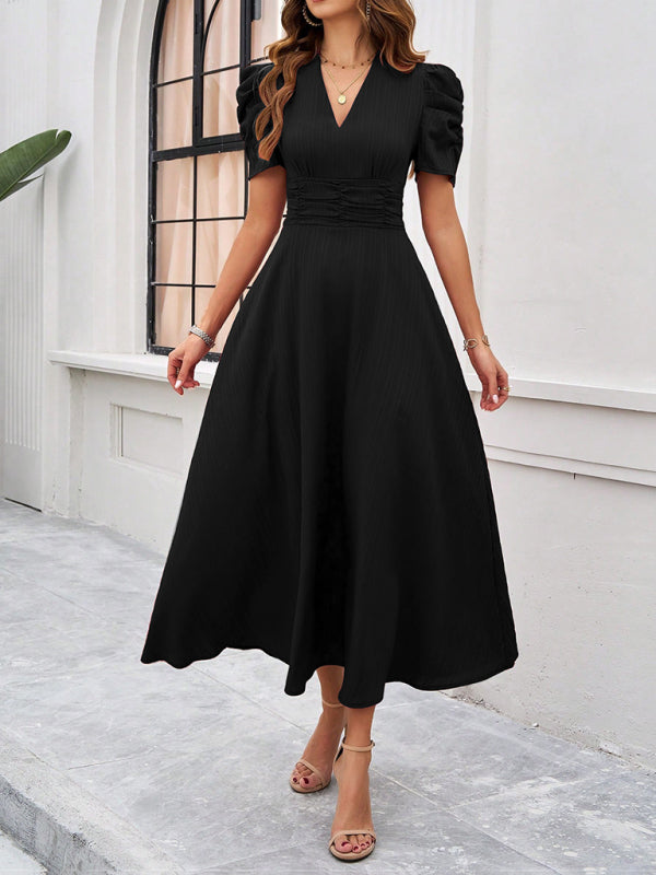 Clara Robe midi élégante pour femme – Robe invitée mariage manches bouffantes