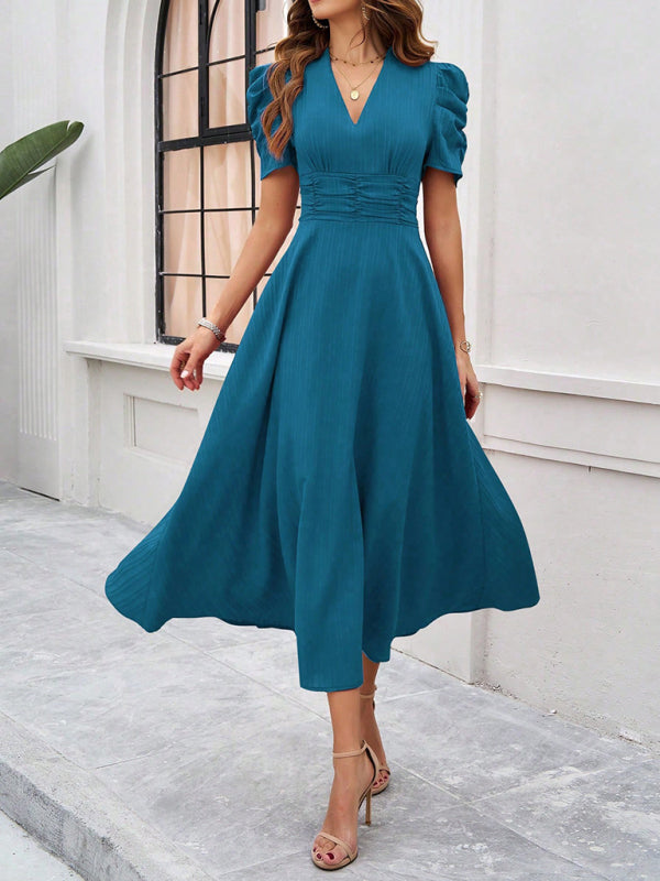 Clara Robe midi élégante pour femme – Robe invitée mariage manches bouffantes