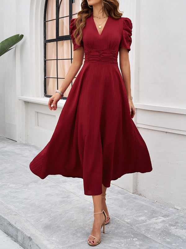 Clara Robe midi élégante pour femme – Robe invitée mariage manches bouffantes