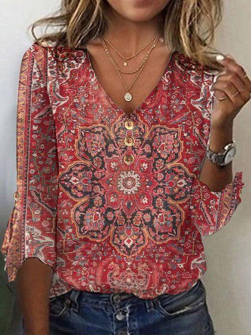 Brianna Boho Blouse for Women – Elegant Casual Chic Ruby Printed Blouse