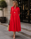 Claire A-Line Midi Dress for Women – Front Buttons, Long Sleeves, and Elegant Cut