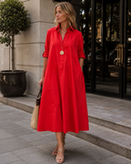 Claire A-Line Midi Dress for Women – Front Buttons, Long Sleeves, and Elegant Cut