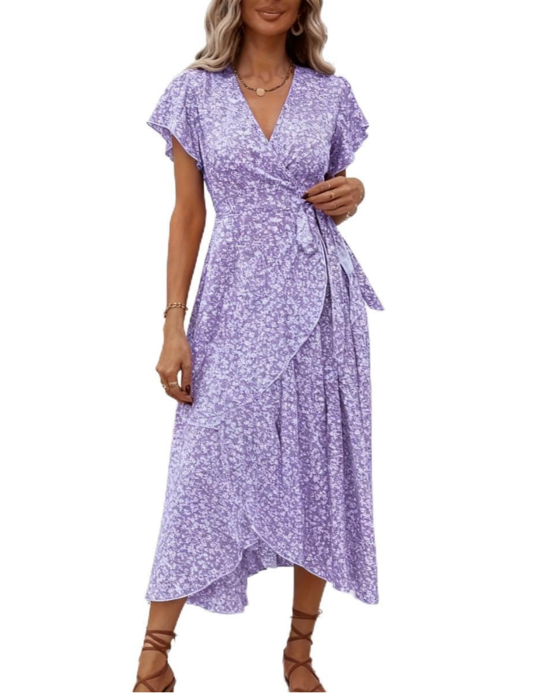 Elena Vestido Midi Mujer – Estampado Floral, Escote en V, Cintura Imperio y Mangas Volantes