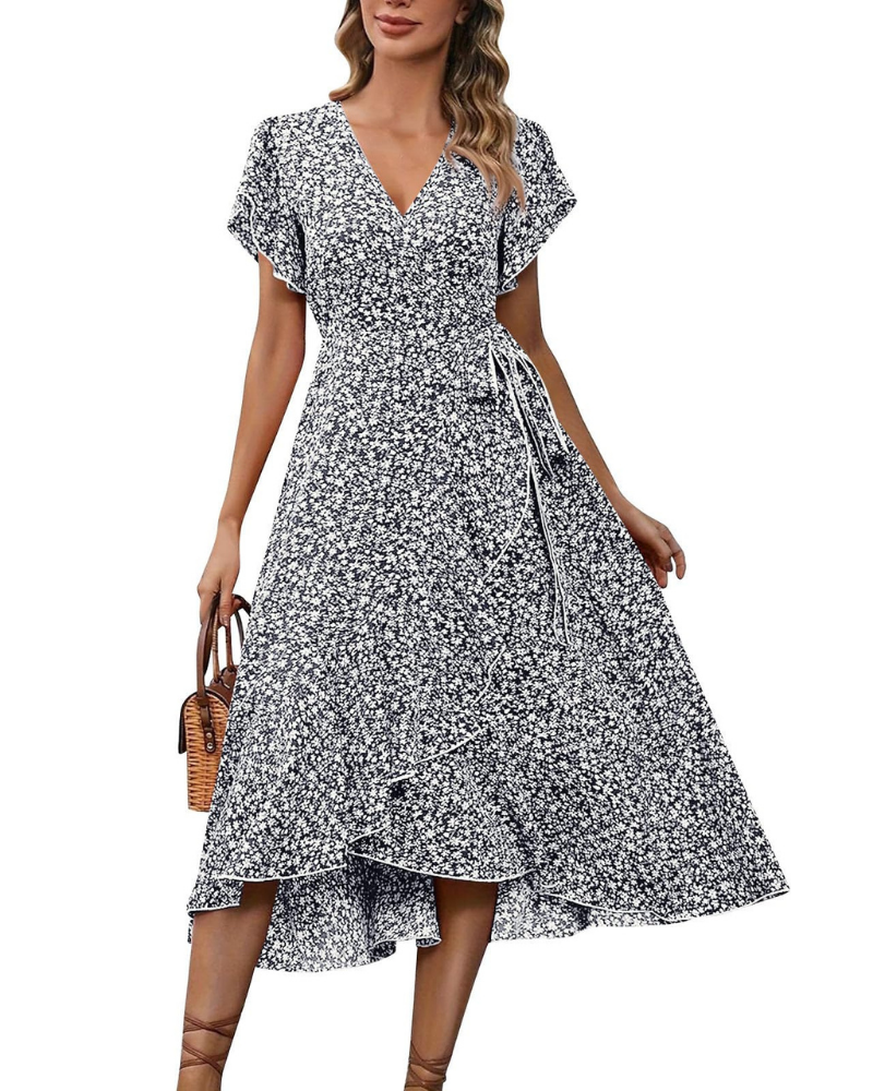Elena Vestido Midi Mujer – Estampado Floral, Escote en V, Cintura Imperio y Mangas Volantes