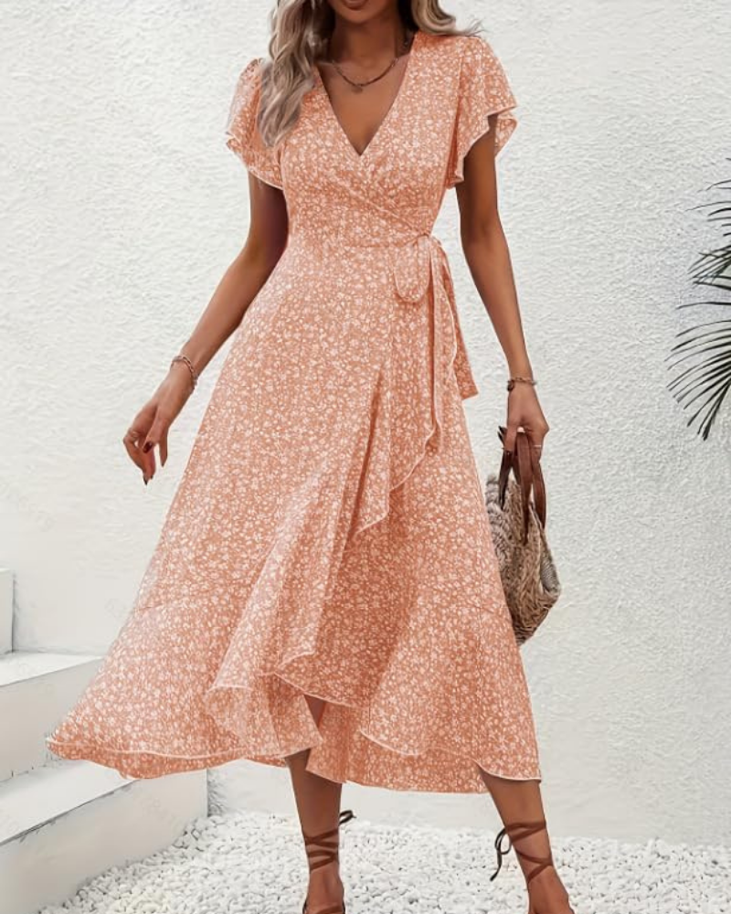 Elena Vestido Midi Mujer – Estampado Floral, Escote en V, Cintura Imperio y Mangas Volantes