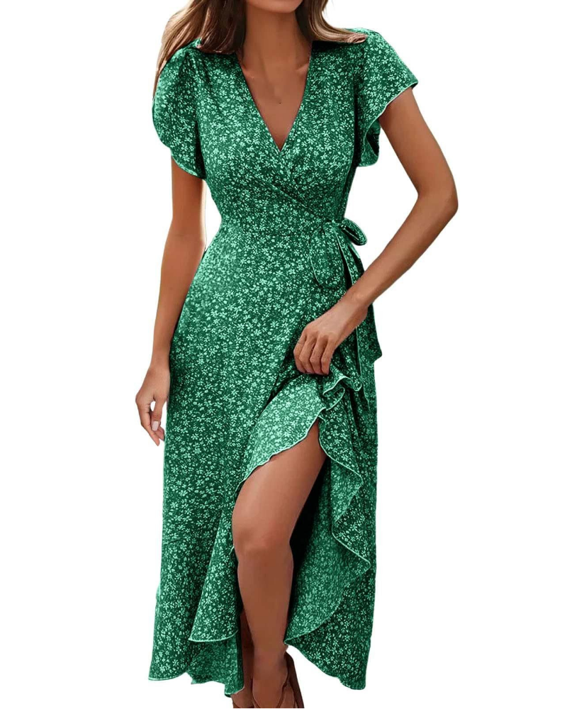 Elena Vestido Midi Mujer – Estampado Floral, Escote en V, Cintura Imperio y Mangas Volantes