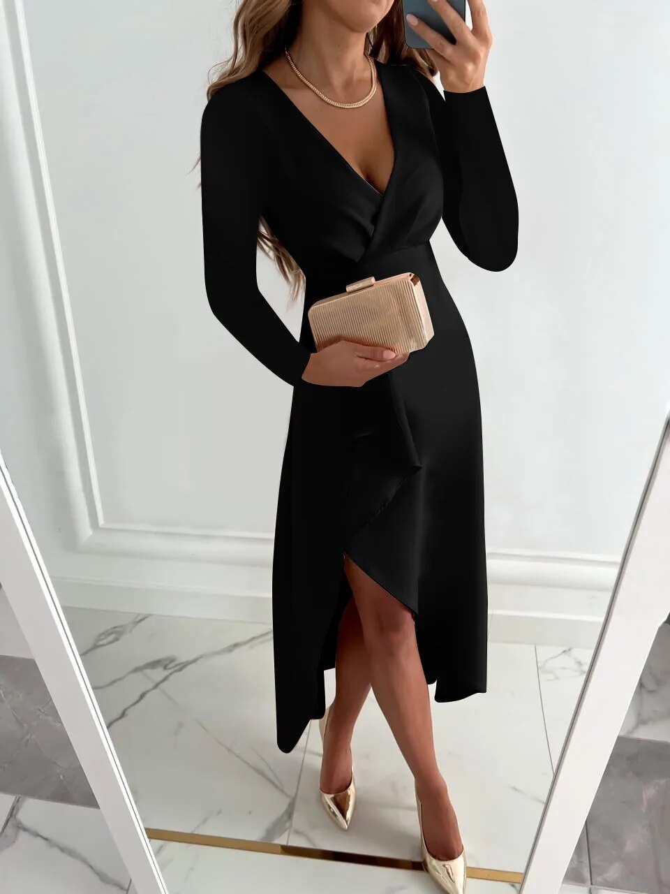Tessa Robe Élégante pour Femme – Robe Col V Manches Longues Chic