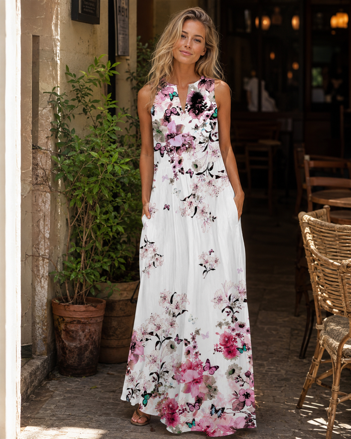 Tessa Vestito Maxi Donna – Stampa Farfalla Floreale, Scollo a V e Tasche