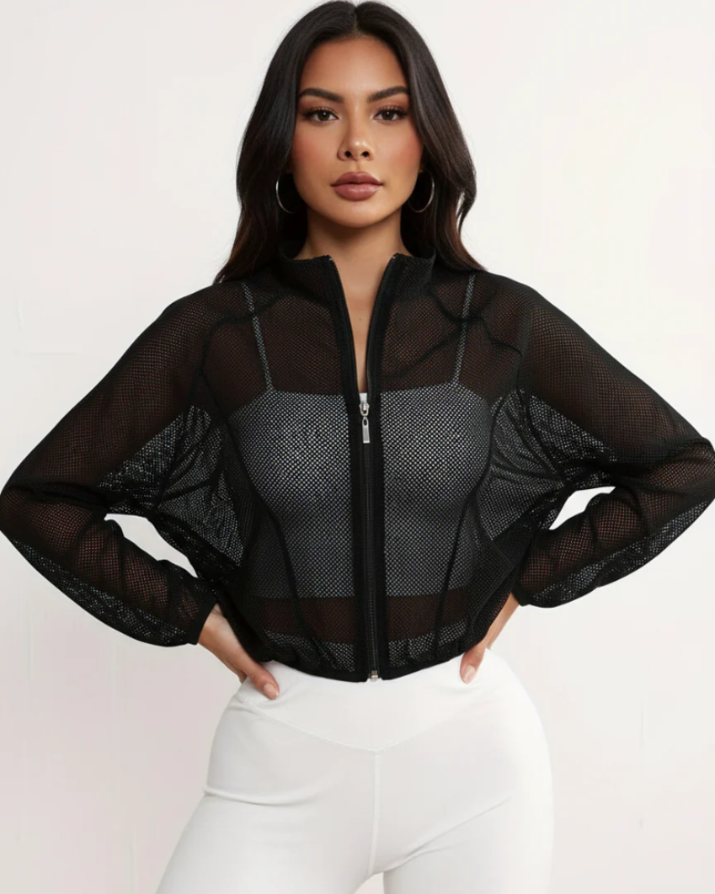 Bianca Chaqueta Mesh Mujer – Diseño Corto, Cremallera y Bolsillos Laterales