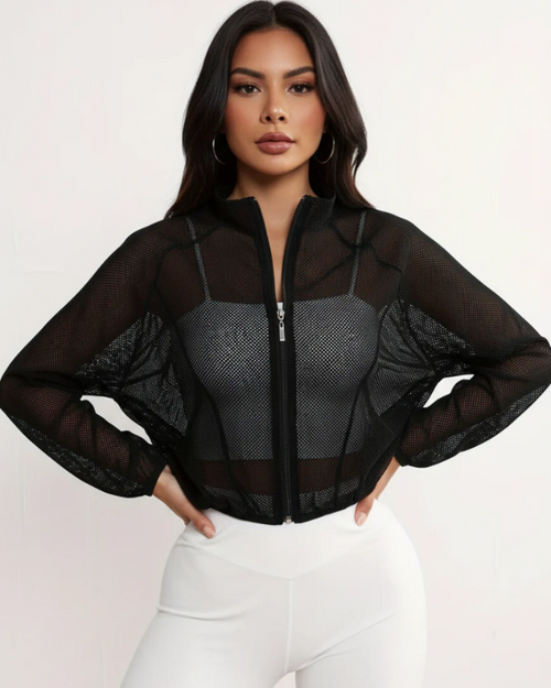 Bianca Women’s Mesh Jacket – Cropped Design, Zipper, and Side Pockets