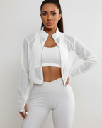 Bianca Chaqueta Mesh Mujer – Diseño Corto, Cremallera y Bolsillos Laterales