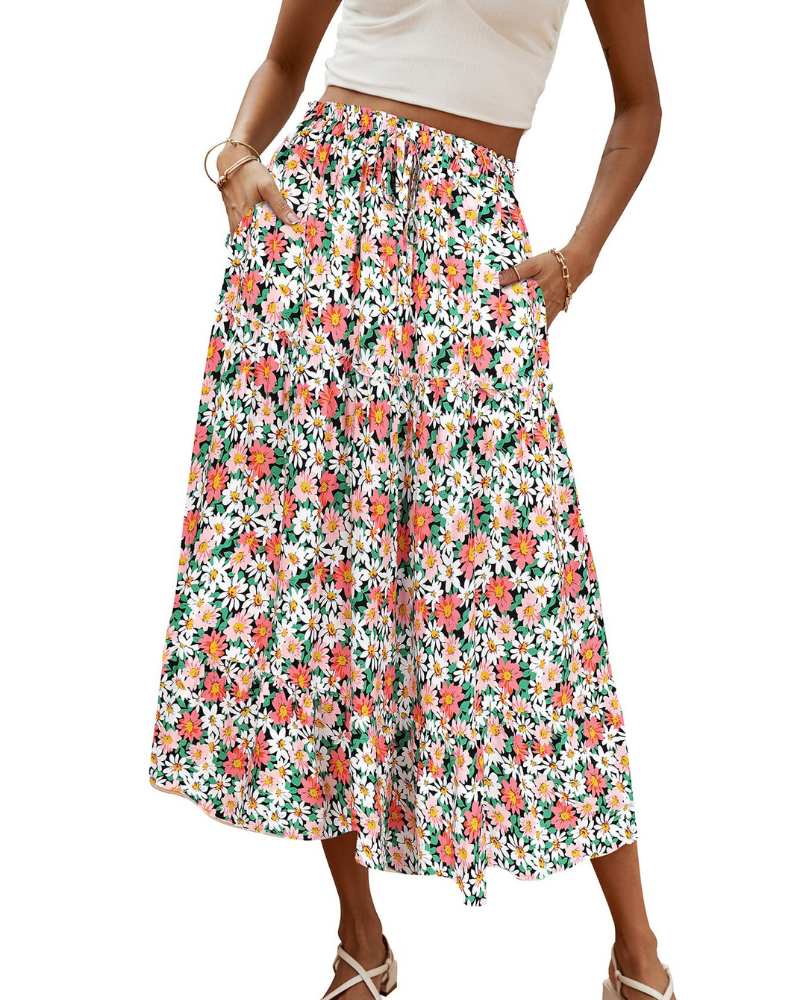 Brielle Falda Maxi Mujer – Falda Boho Floral Plisada con Cintura Alta y Volante