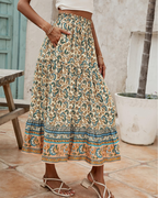Brielle Falda Maxi Mujer – Falda Boho Floral Plisada con Cintura Alta y Volante