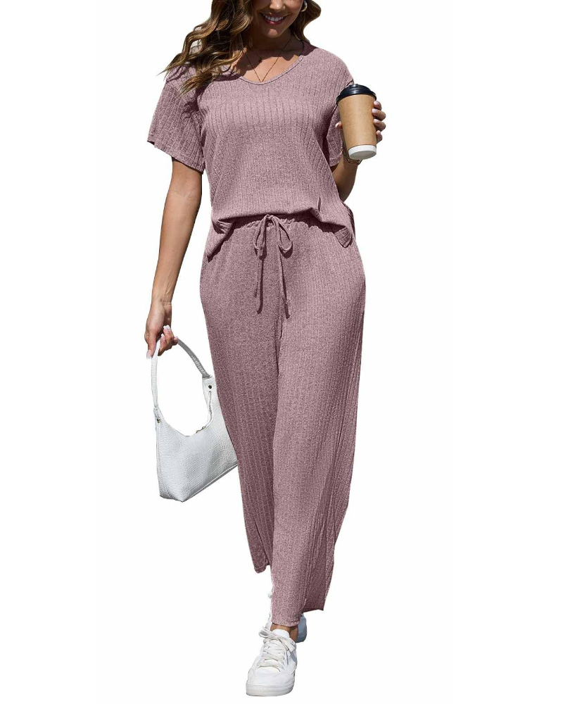 Natalie Conjunto Mujer – Set Dos Piezas Canalé con Top en V y Pantalón Ancho