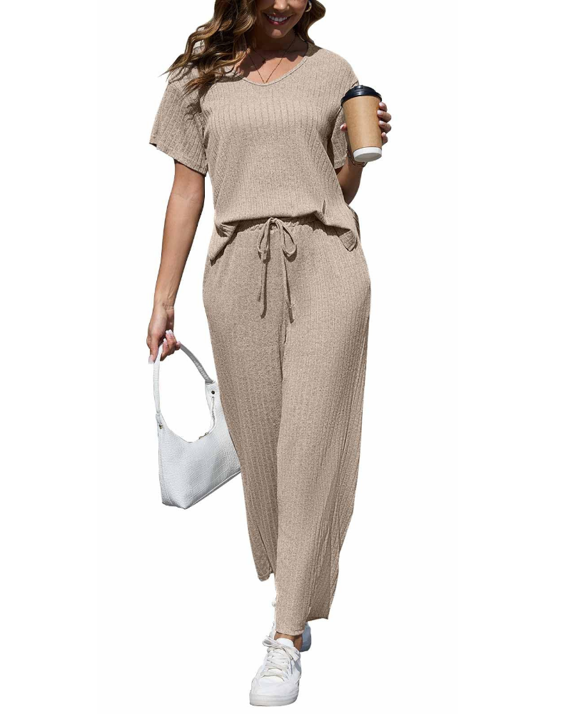 Natalie Conjunto Mujer – Set Dos Piezas Canalé con Top en V y Pantalón Ancho