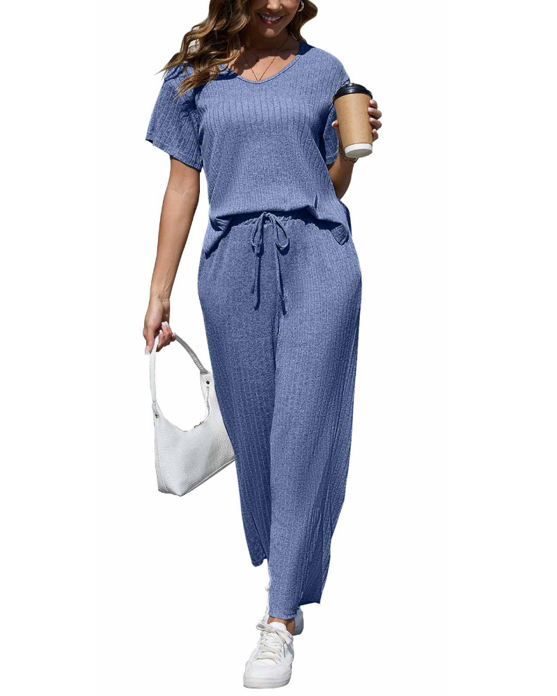 Natalie Conjunto Mujer – Set Dos Piezas Canalé con Top en V y Pantalón Ancho
