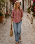 Penelope Blusa Mujer – Escote en V, Botones, Mangas Remangables y Corte Fluido