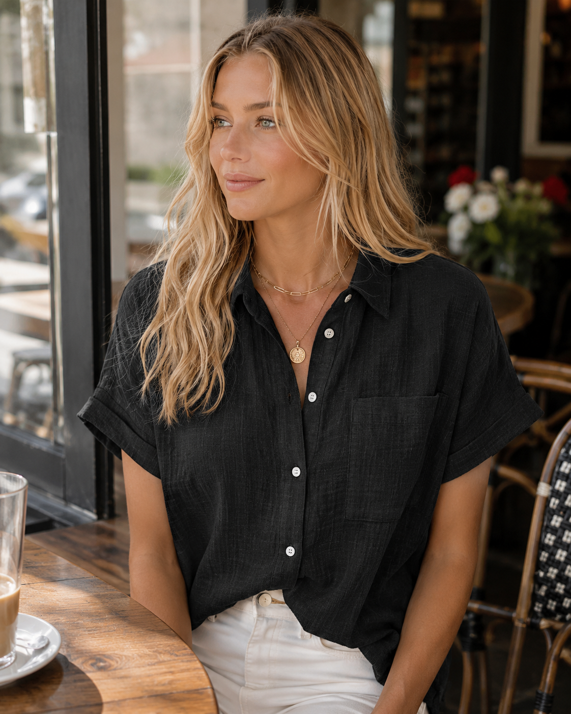 Elise Blusa de Verano Mujer – Botones, Manga Corta y Corte Holgado