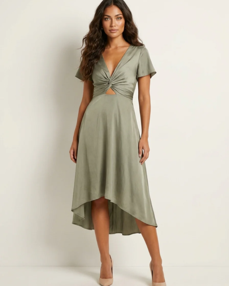 Stephanie Vestido Midi Mujer – Escote en V, Cintura Cruzada y Bajo Asimétrico