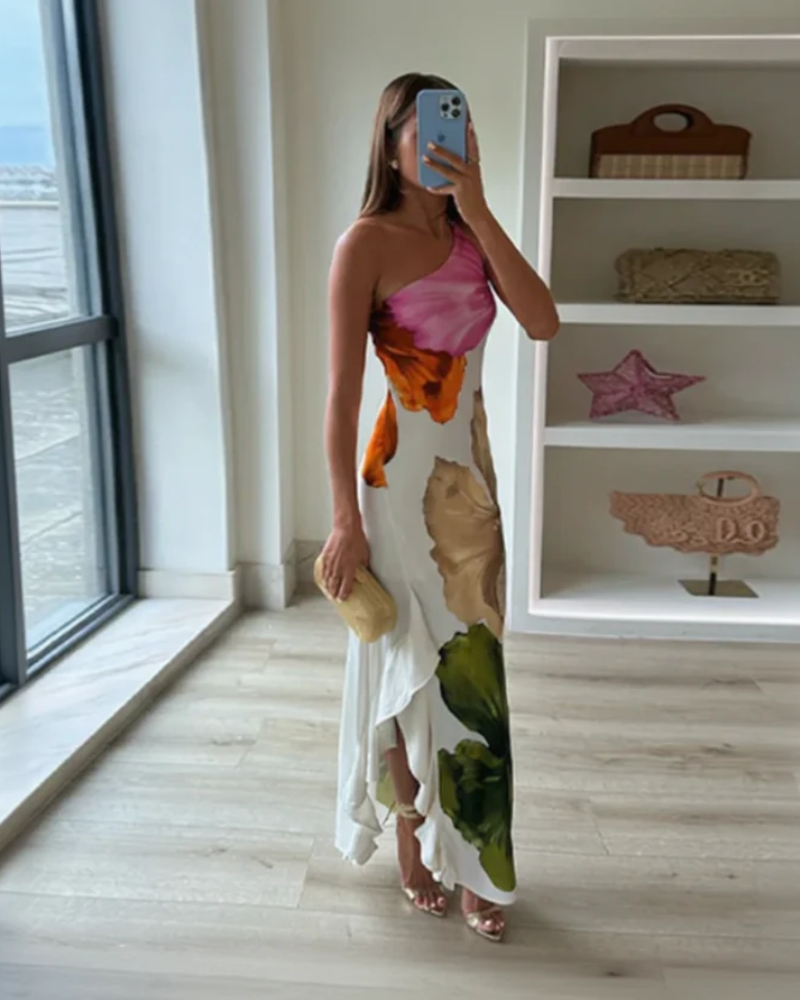 Miranda Vestido Maxi Mujer – Un Hombro, Estampado Floral y Caída Fluida