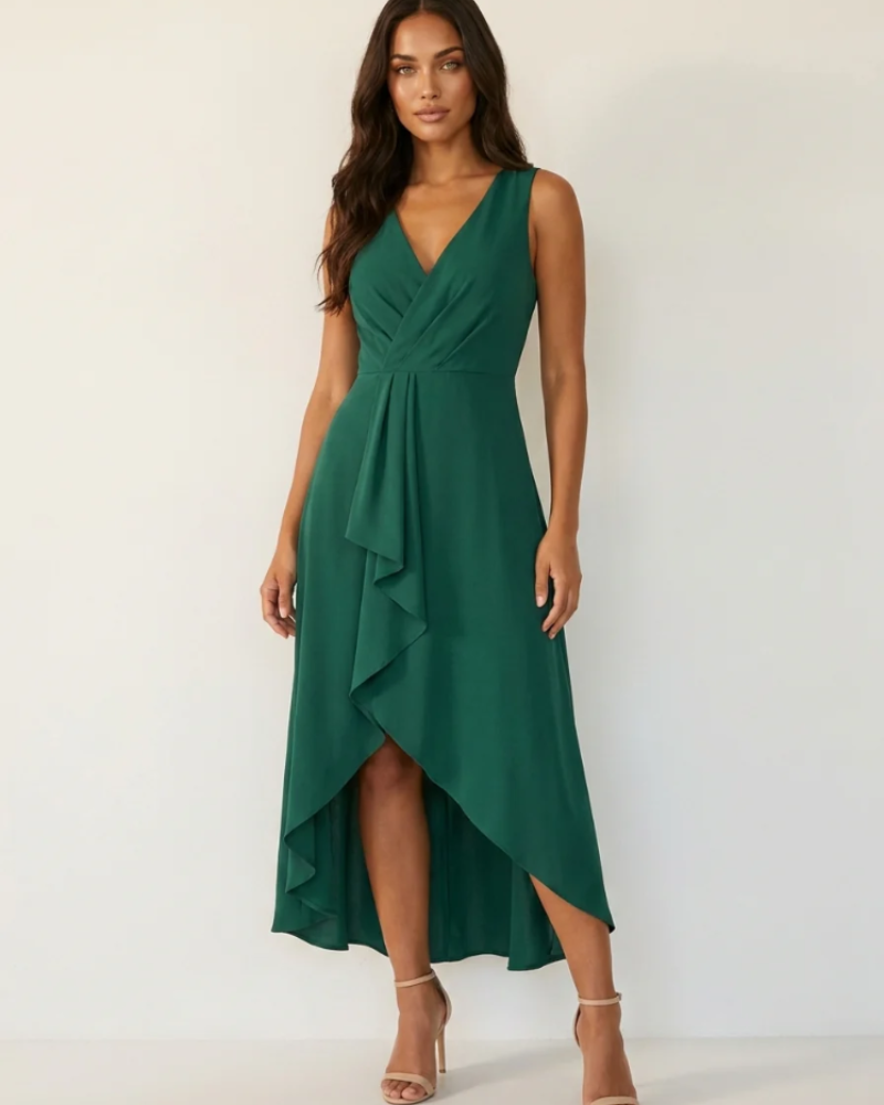 Eleanor Women’s Midi Dress – Wrap Neckline, Defined Waist, and Asymmetrical Hem