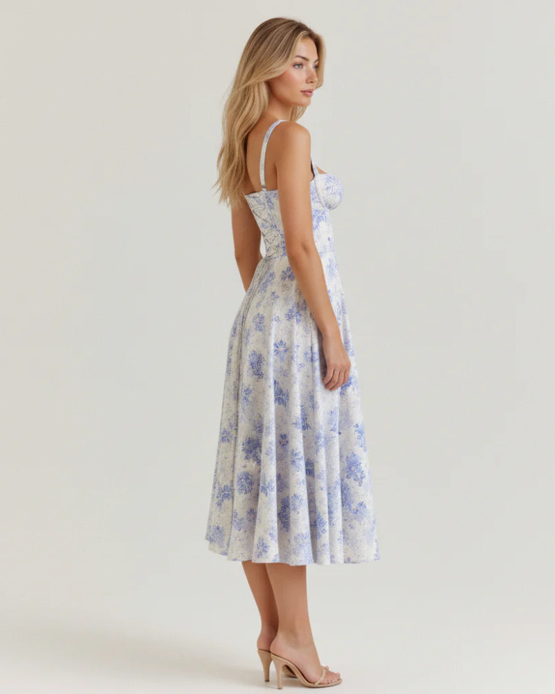 Colette Vestido Midi Bustier Floral Mujer – Escote Corazón, Abertura Frontal y Corte Elegante