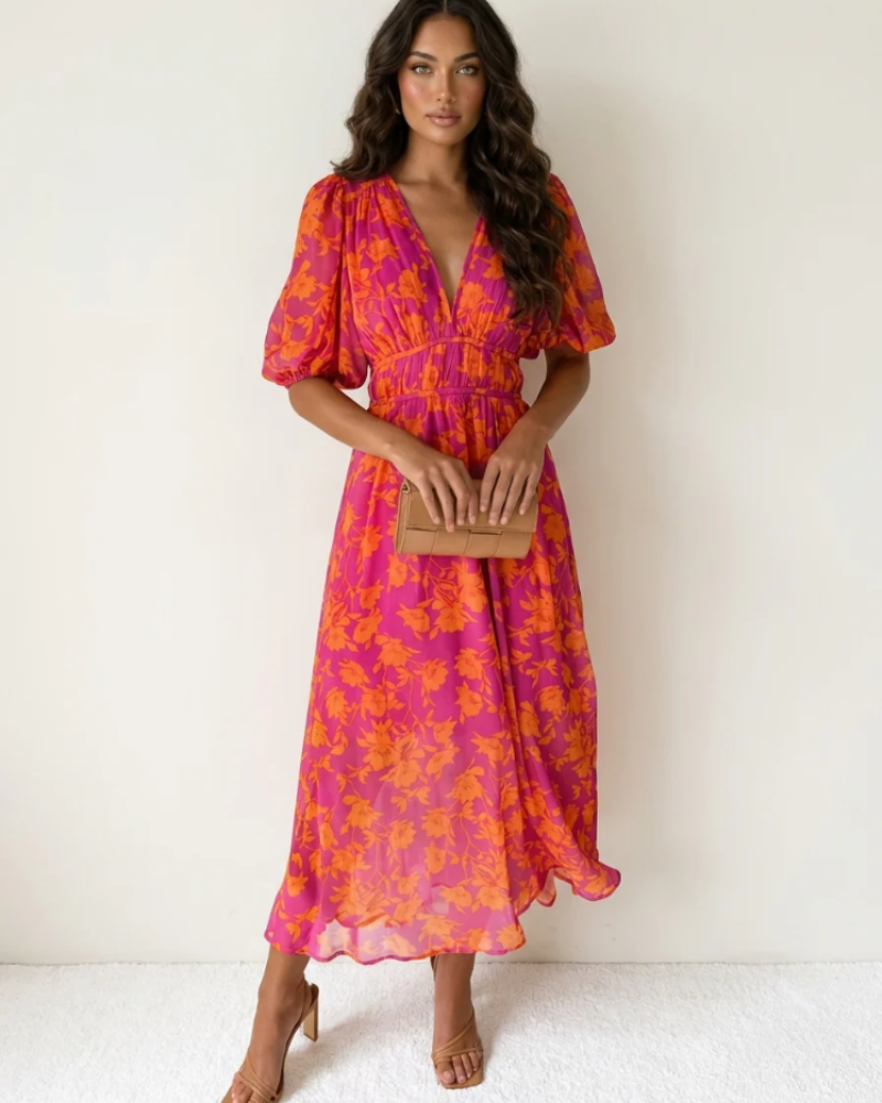Vestito maxi floreale da donna Eloise – Scollatura a V, vita definita e gonna fluida