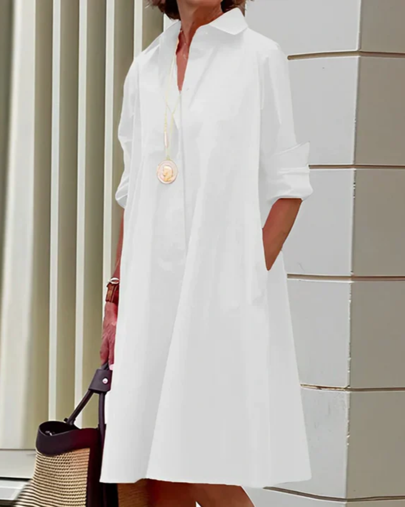 Claire Vestido Midi Línea A para Mujer – Botones Frontales, Manga Larga y Corte Elegante