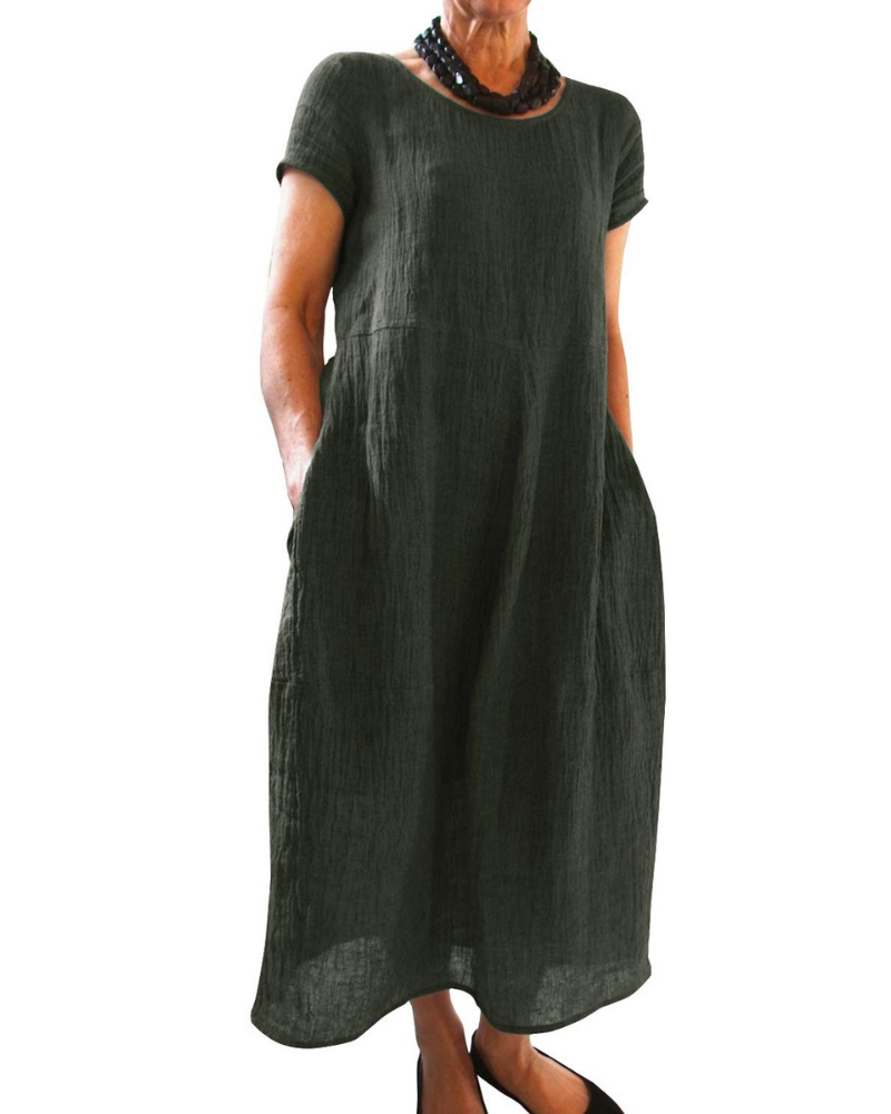 Fiona Vestido Maxi Mujer – Vestido Verano Casual Manga Corta con Bolsillos Laterales