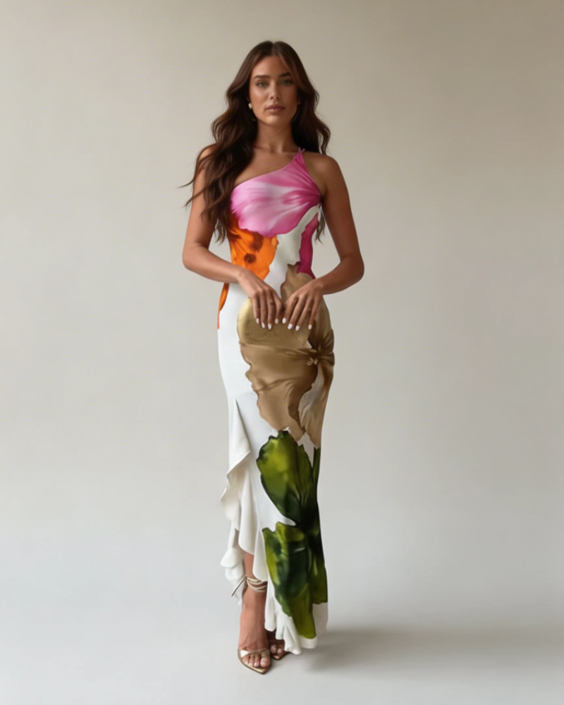 Miranda Vestido Maxi Mujer – Un Hombro, Estampado Floral y Caída Fluida